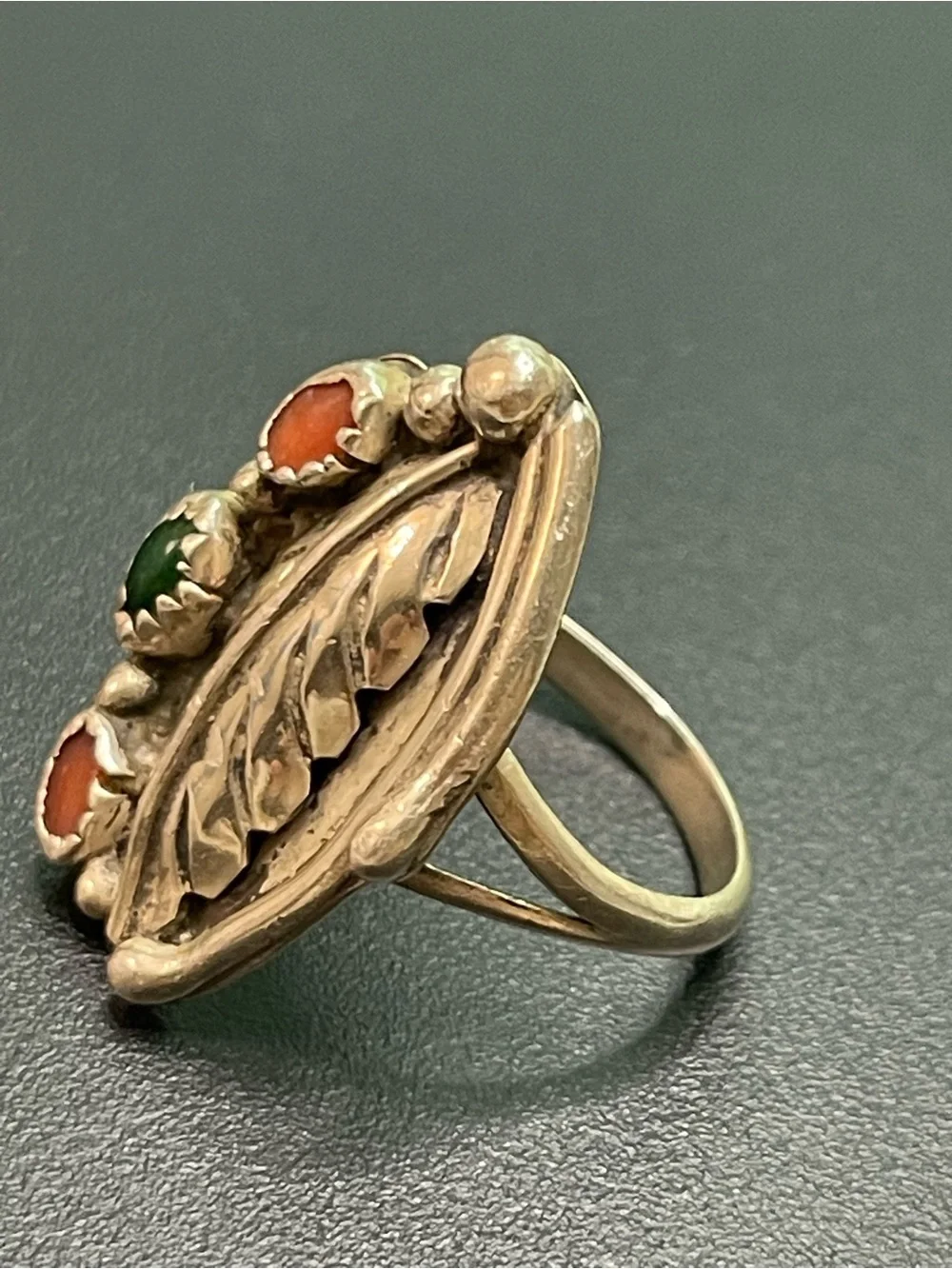 Sterling Leaf Statement Ring with Green and Orange turquoise Stones